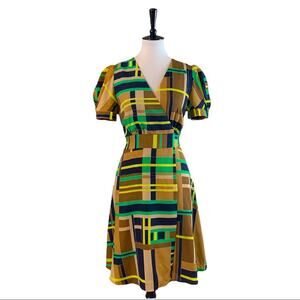The Webster by Target Tan Green Black Geo Print Wrap Dress Women's Size Medium